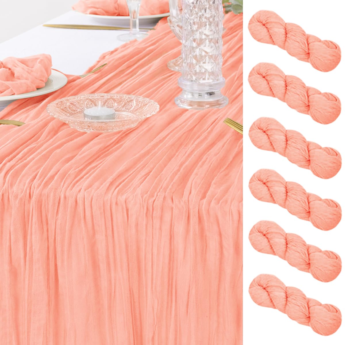 DeZerlor 6Pack Coral Pink Cheesecloth Table Runner Boho Gauze Table Runner Bulk Rustic Sheer Table Runner 120 inches Long for Wedding Bridal Baby Shower Spring Table Decor