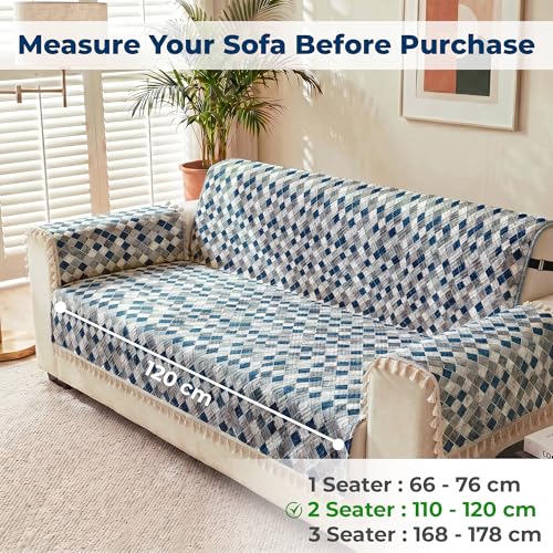Image of Story@Home Sofa Cover with Tassel for 2 Seater Sofa | Full Protection for Seat Back & Arms | Quilted Velvet Anti Slip Sofa Mat for 2 Seater with 2 Armrest Covers (152x122 Cm) - Grey & Cyan