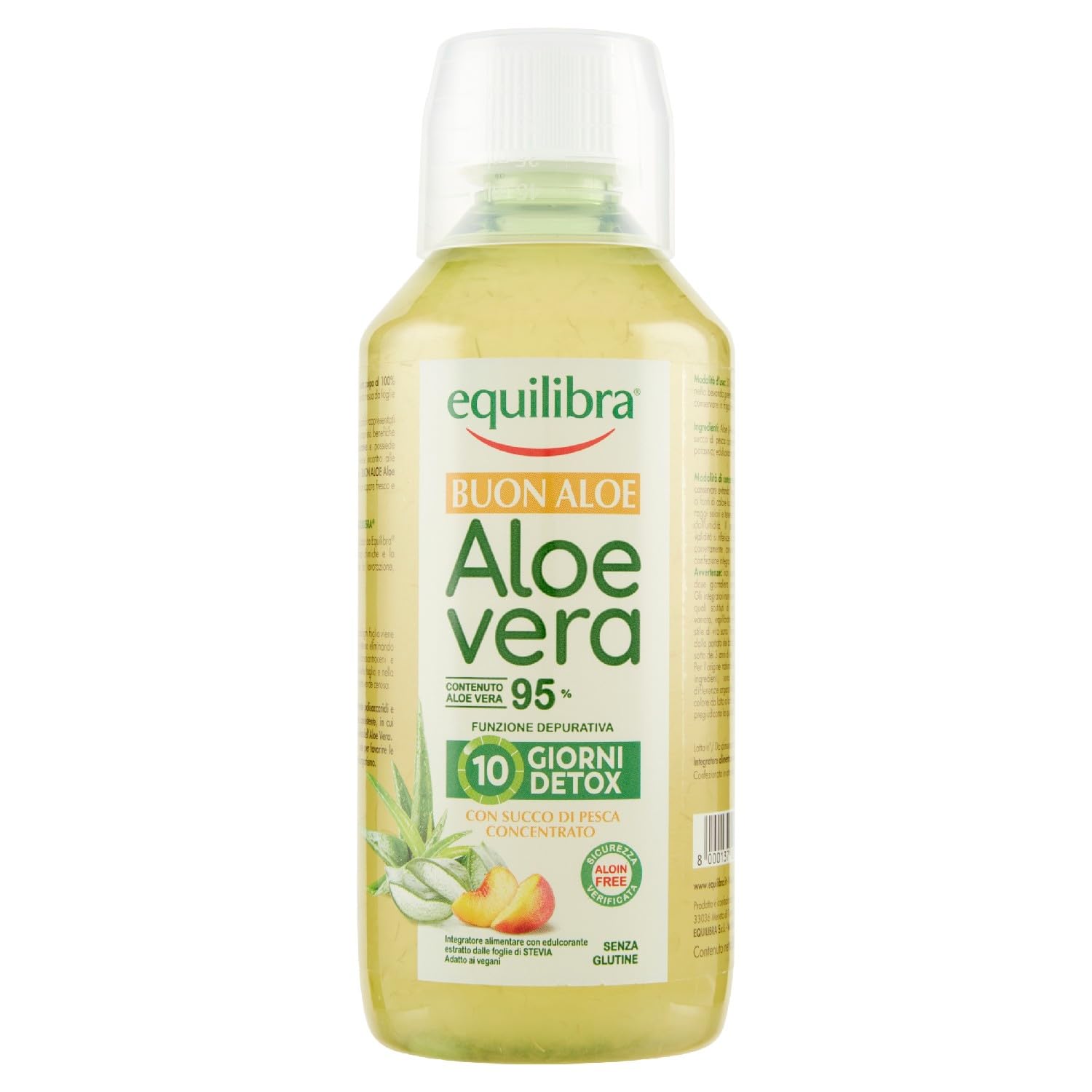 Equilibra Integratori Alimentari, Buon Aloe Vera 95%, da Bere Puro o Diluito, Aloin Free, Detox, Pura Polpa, Senza Aggiunta di Acqua, con Succo di Pesca, Senza Glutine, 500 ml