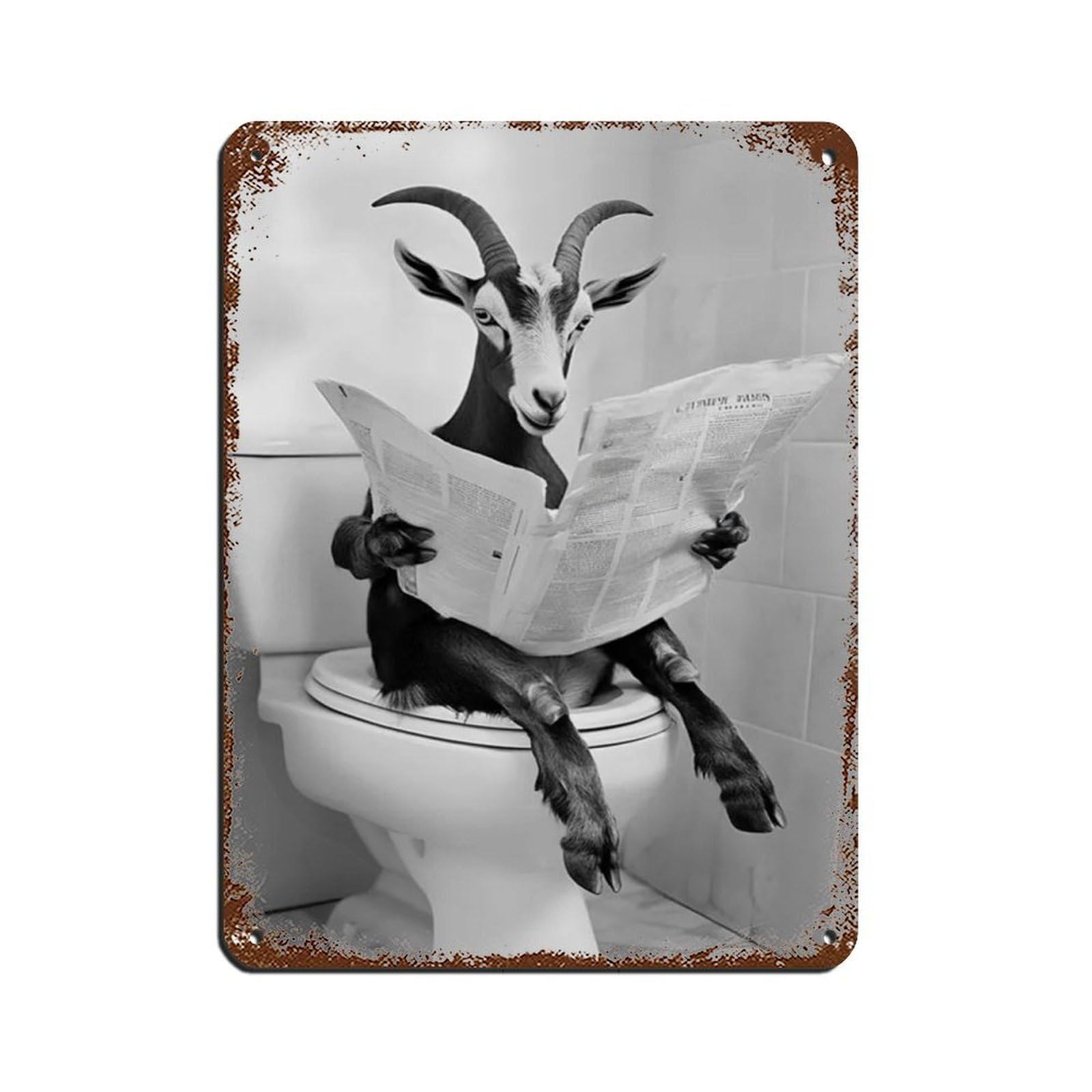 Lxwnze 30L X 40W Cm Goat Sitting On The Toilet Reading A Newspaper (2) Tin Sign Vintage Metal Pub Club Cafe Bar Home Wall Art Decoration Poster Retro 12X16inch(30X40cm)