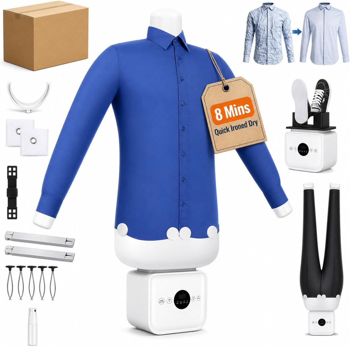 Automatic Ironing Machine - Touched Inflatable Shirt Ironing Steamer, Hands-Free, 8 Minutes Quick Dry, Without Blind Spots Drying for Shirts, Pants & Shoes