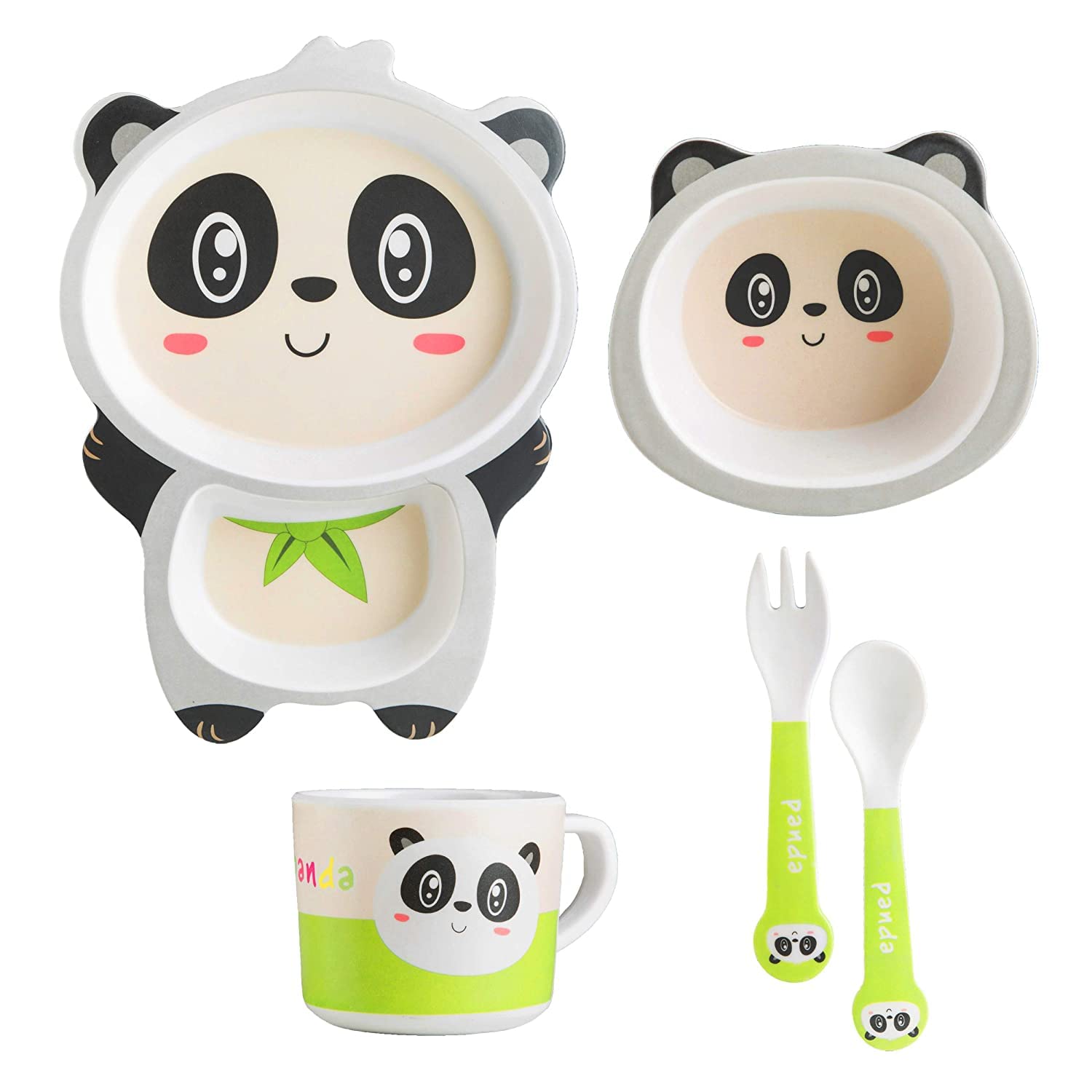 Junior Kingdom 5 pcs Set Bamboo Baby Tableware Set | Eco Friendly Bamboo Fiber Dinner Set for Weaning Toddlers | Dinnerware for Kids (Panda Set)