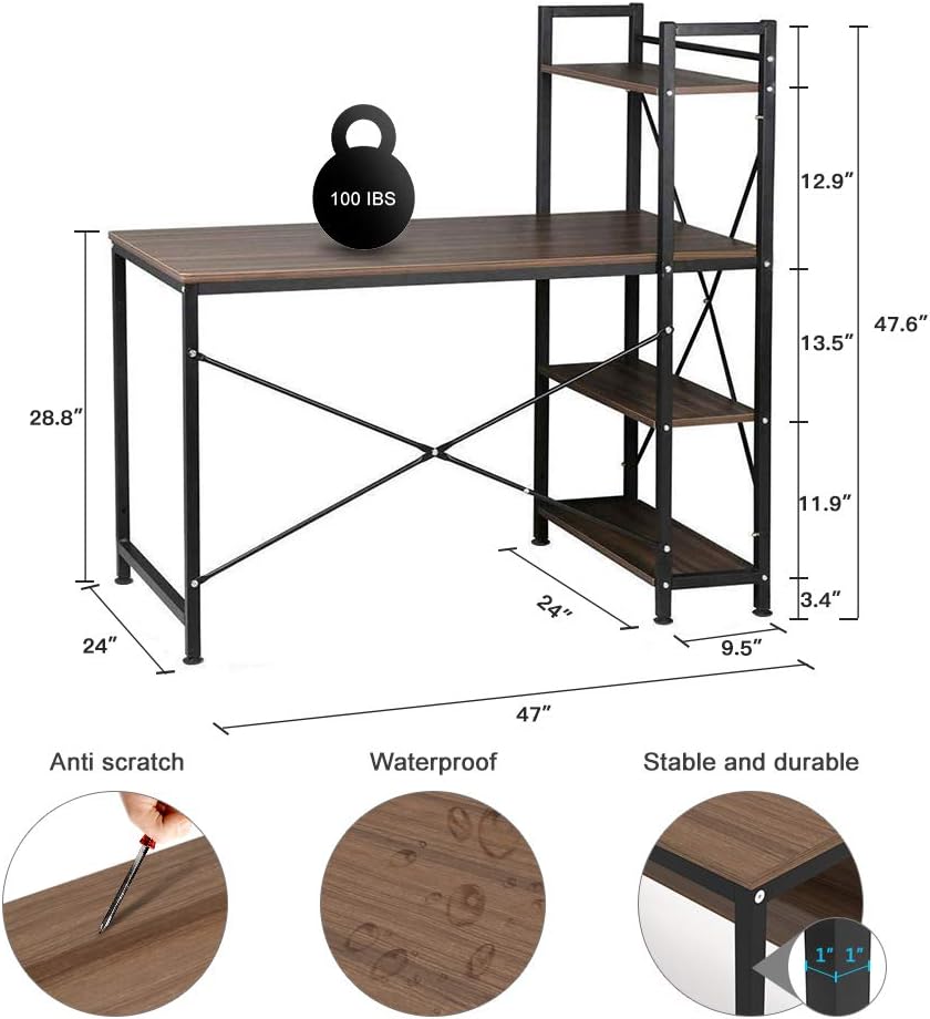 Diagram showing the dimensions of the Dripex Tower Computer Desk and its features like anti-scratch, waterproof, and stability.