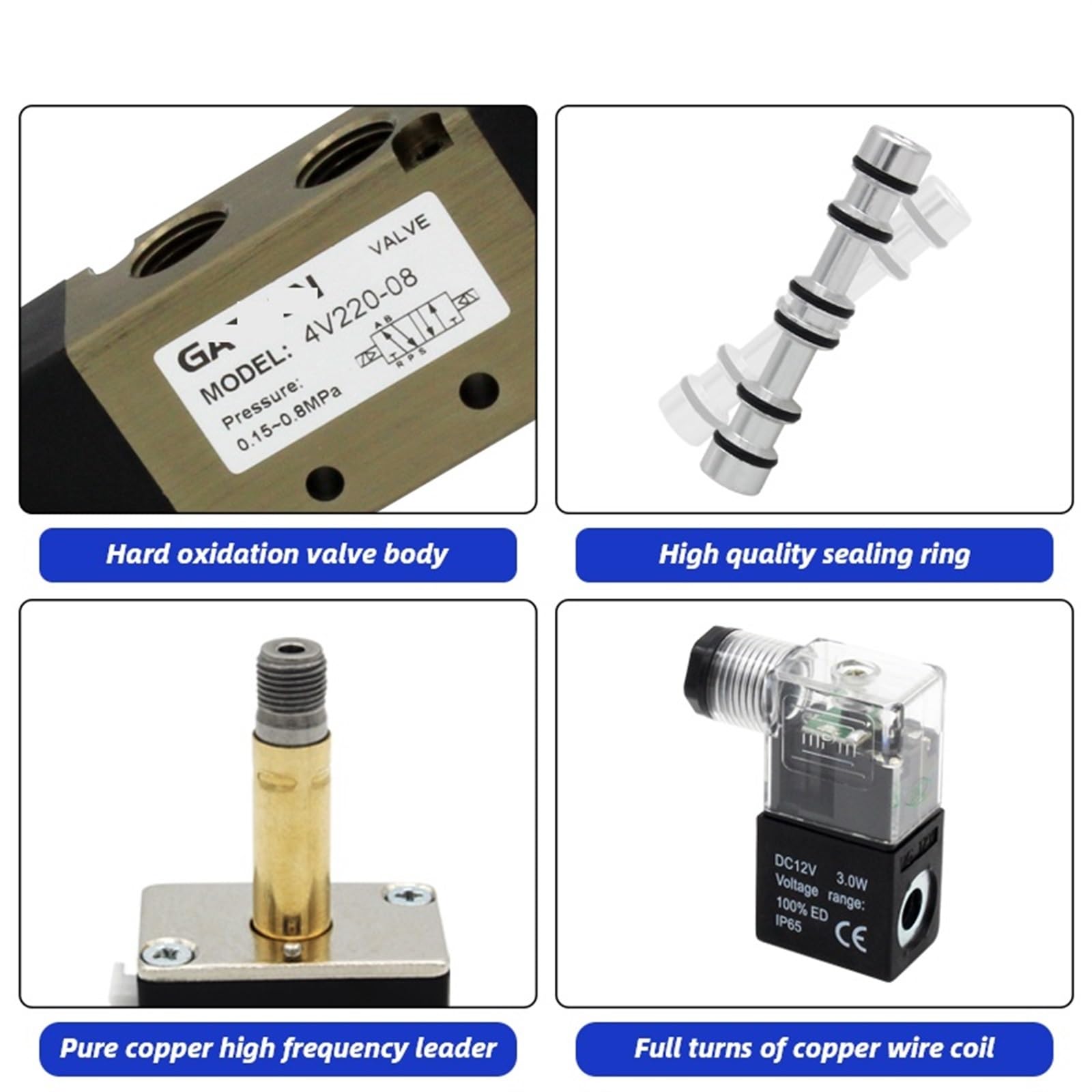 4V220-08 pneumatyczny zawór elektromagnetyczny, 5-drożny 2-pozycyjny, 1/4 cala, stop aluminium, wewnętrzny, DC12V, DC24V, AC110V, AC220V, 1 sztuka (z złączkami 12 mm, 4V220-08 AC380)