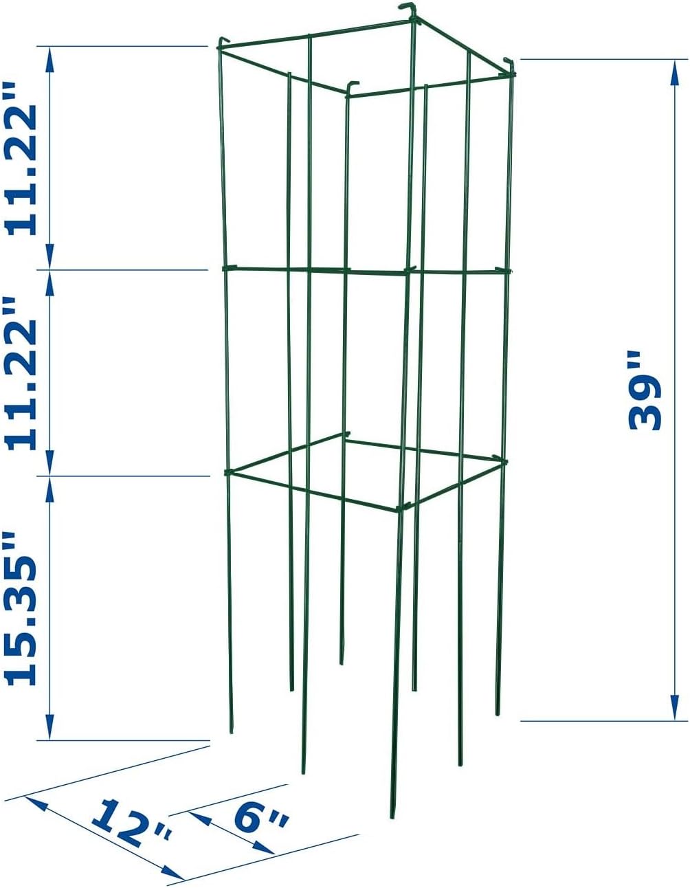 2 Pack 12x39 Inch High Green Folding Square Tomato Cages, Tall Plant Support Tomato Trellis Metal Plant Peony Cage