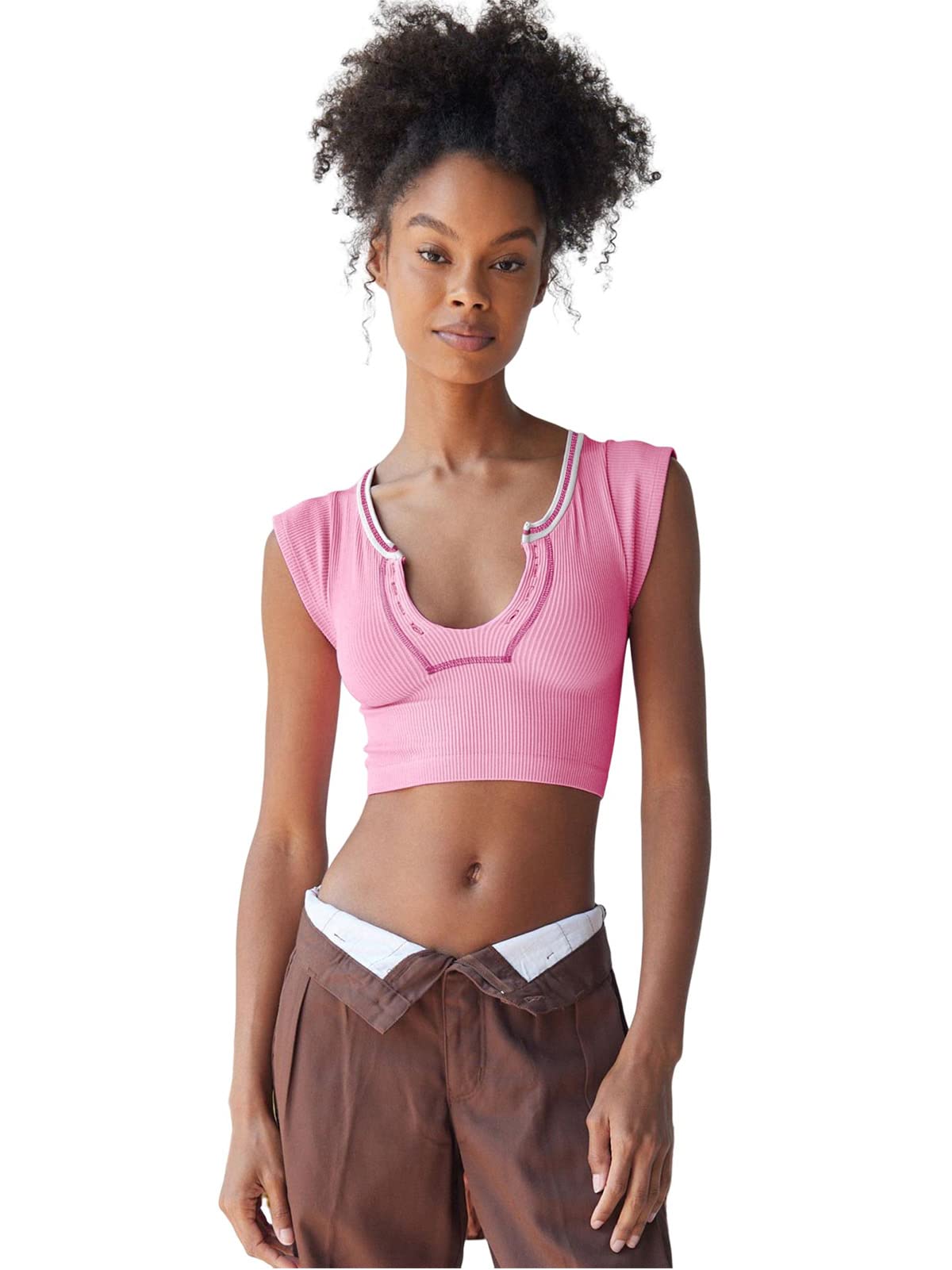 Y2k Crop Top Urban Seamless Top Outfitters Dupes Y2k Baby Tees for Women Baby Crop Tees Summer Crew Neck Top Pink M