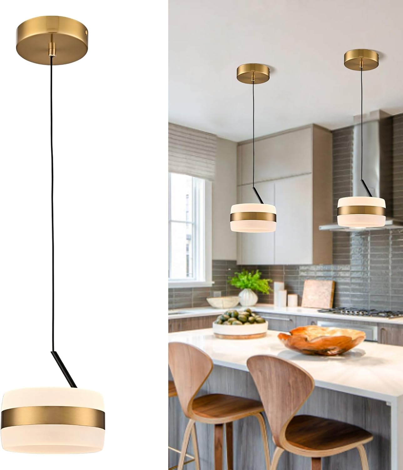 DANSEER Modern LED Gold Pendant Light Fixture, 16W Mini Pendant Light with White Frosted Shade, Modern Small Semi-Flush Mount Pendant Lights for Bedroom, Kitchen Island, Bathroom, Hallway