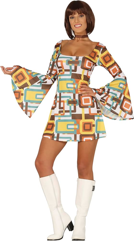 MRYUWB 70s hippiejurk kostuums halsketting oorbellen zonnebril vrouwen disco-outfit, 60s feestkostuum, Halloween retrojurken (levendige bloemen, XXL