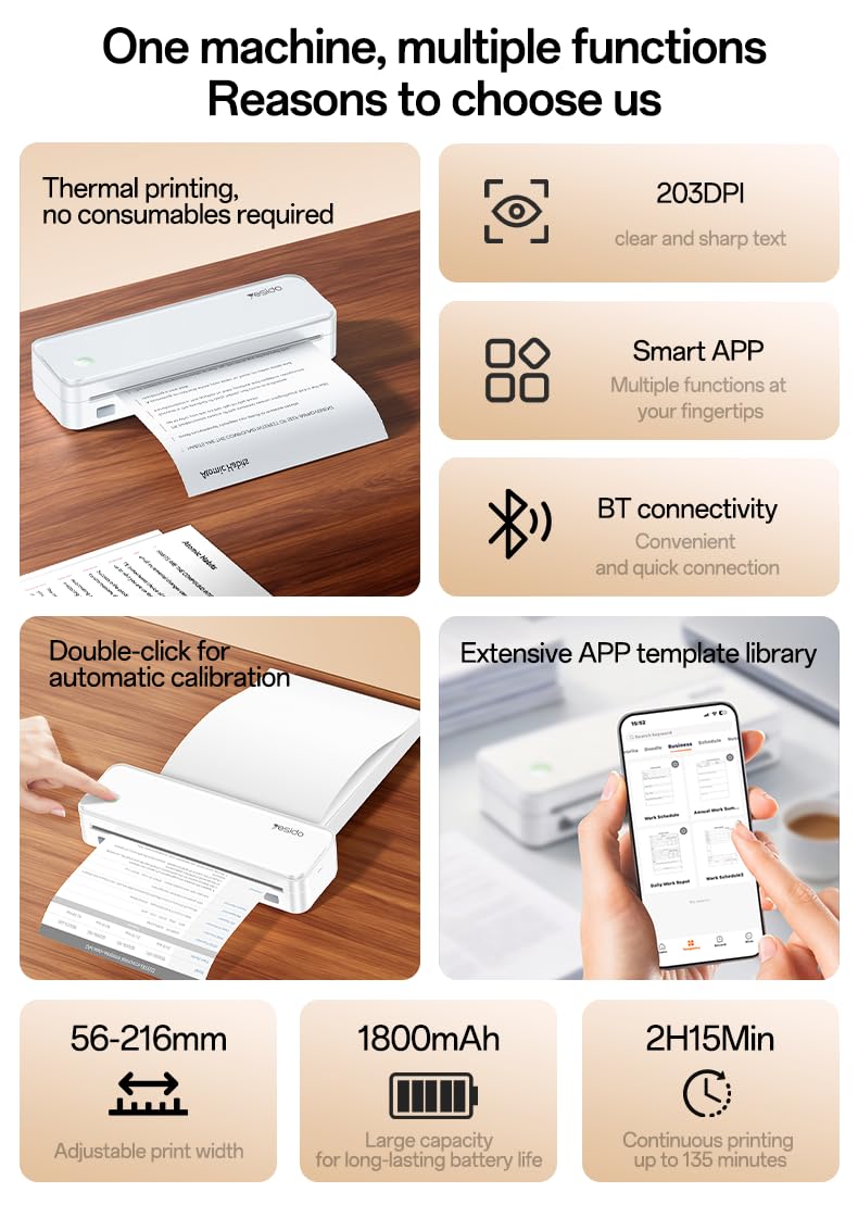yesido Imprimante Thermique SP11, A4 sans Fil Bluetooth, Blanche