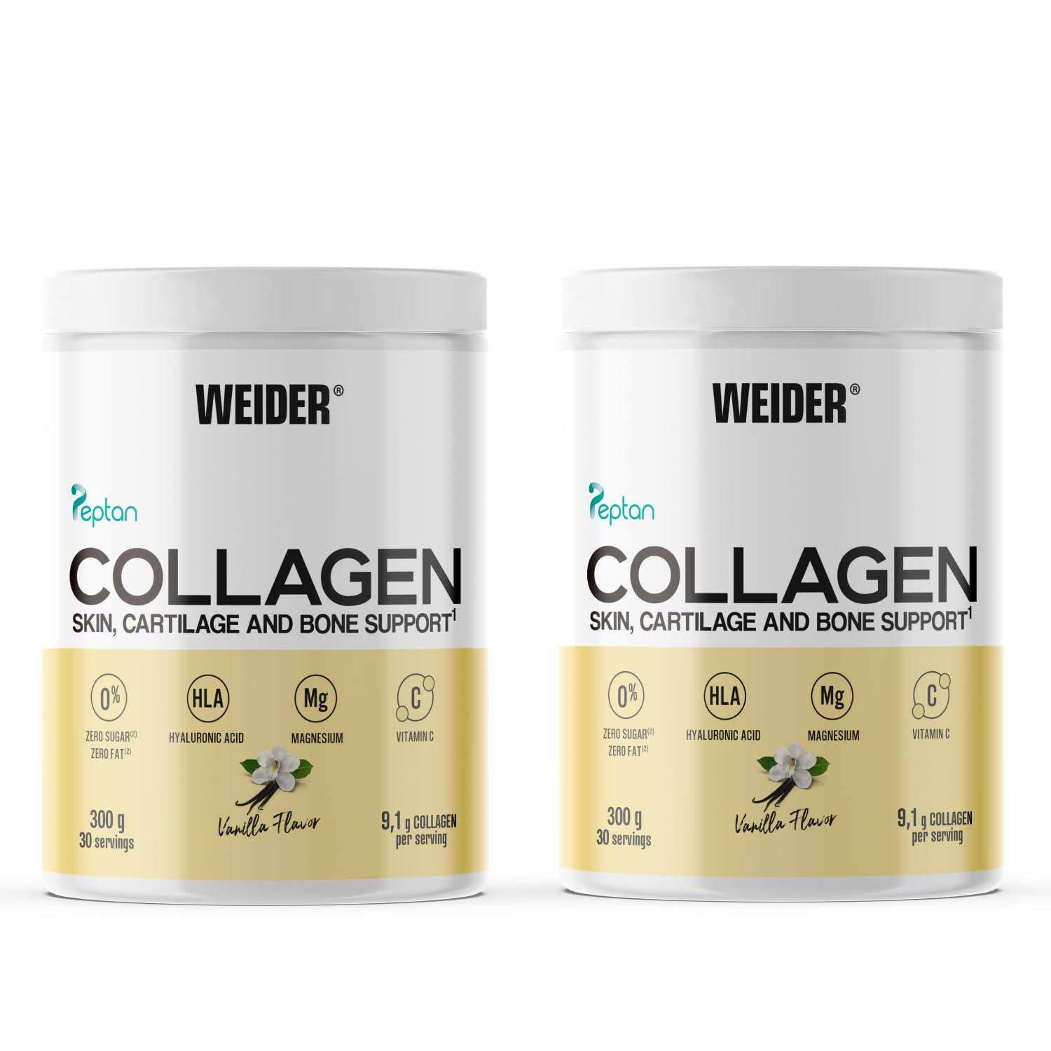Weider Collagen Duo Pack (2x300g) Vanilla Flavour. Hydrolysed Collagen Peptides Powder Type I 100% Peptan with Hyaluronic Acid, Magnesium, Vitamin C, Sugar-Free, for Skin, Cartilage, Bones and Hair