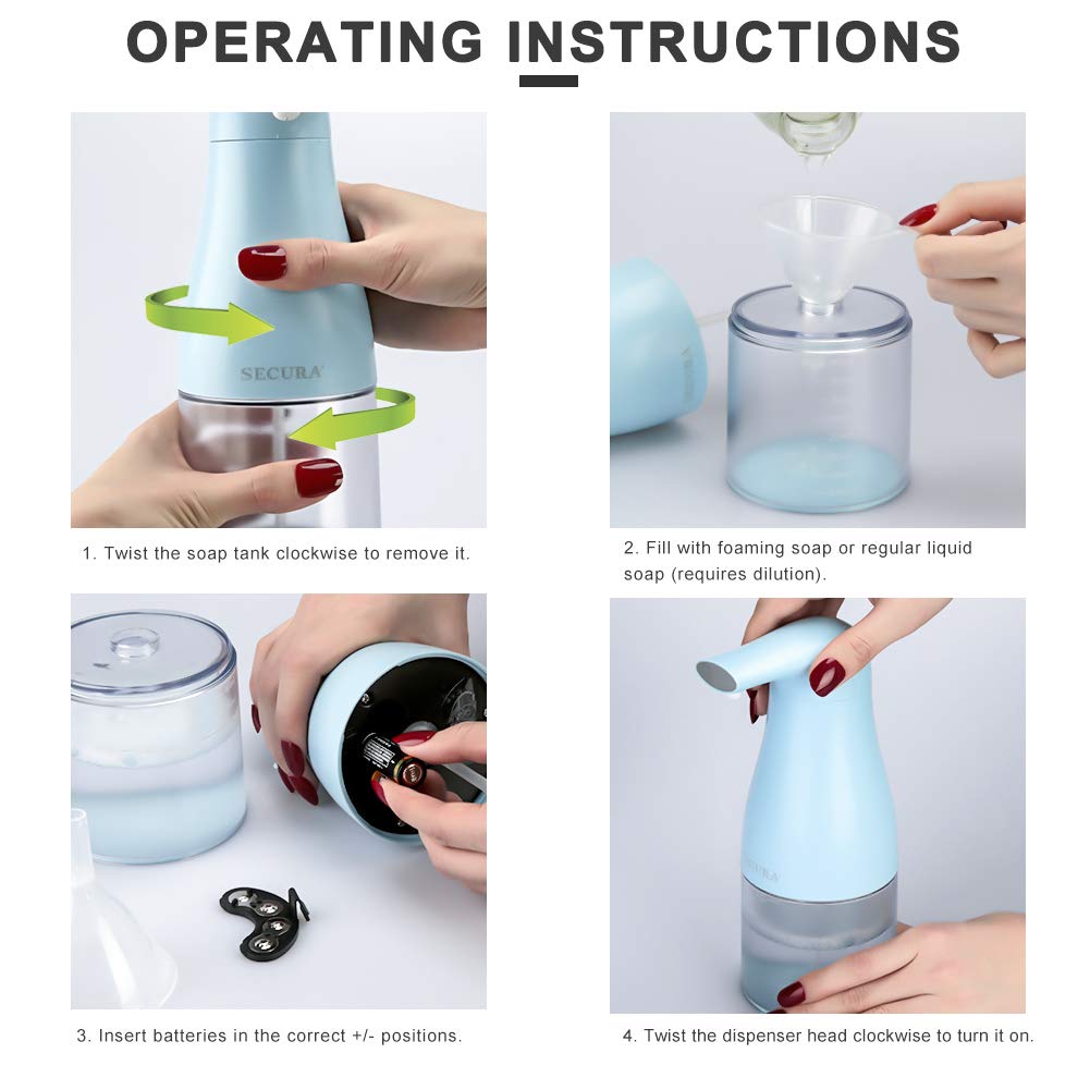 Secura Automatic Foaming Soap Dispenser 14oz/400ml Infrared Motion Sensor Premium Touchless Battery Operated Electric Automatic Foam Soap Dispenser (Blue)