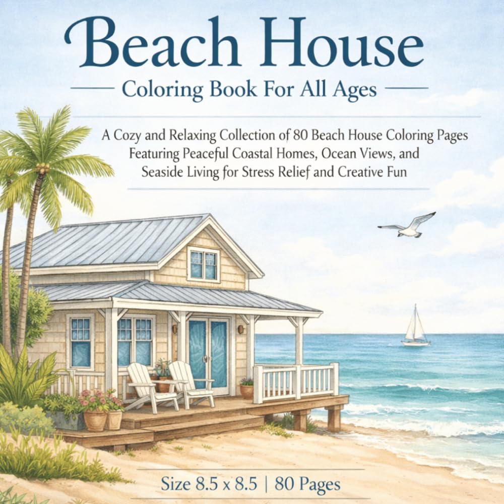 Beach House Coloring Book For All Ages: A Cozy Collection of 80 Relaxing Beach House Coloring Pages for Stress Relief, Coastal Creativity, and Mindful Fun for Kids, Teens, and Adults...