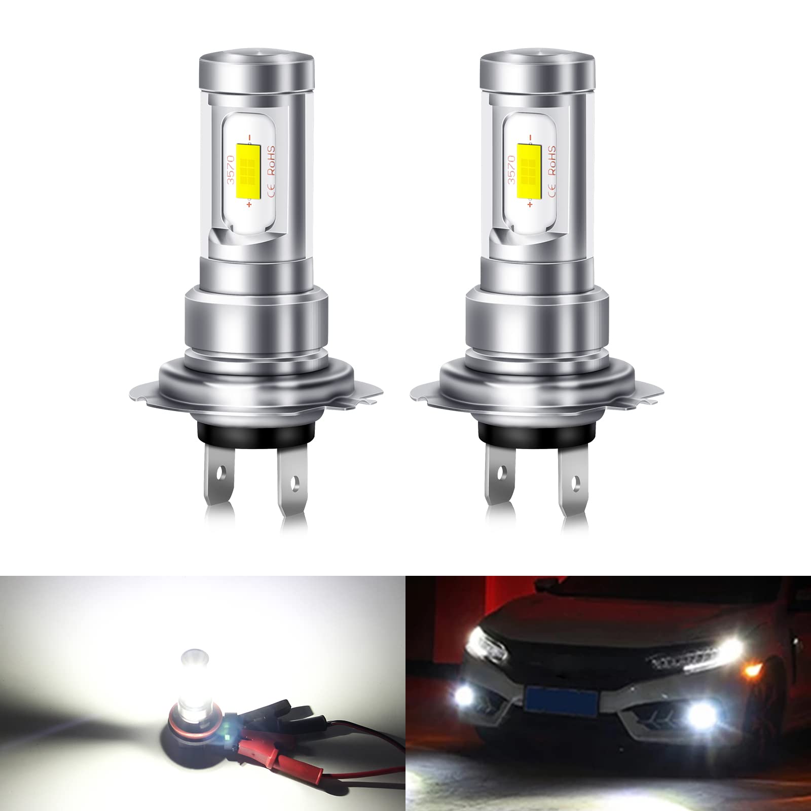 UPXSXT H7 Fog Light Bulbs - 2 Pack, 6000K Cool White, Super Bright 12-24V LED