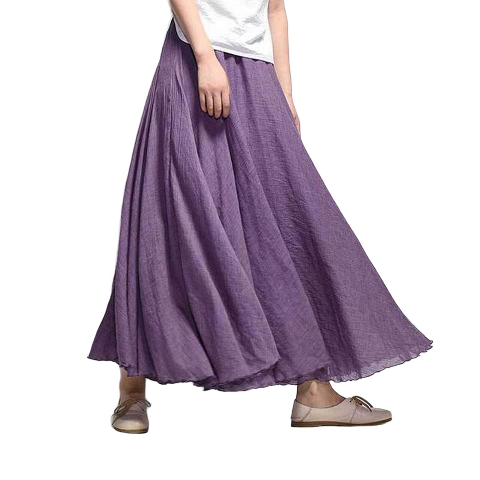 Jupe longue plissée en lin et coton pour femme - Taille élastique - Jupe d'été vintage, violet, 44