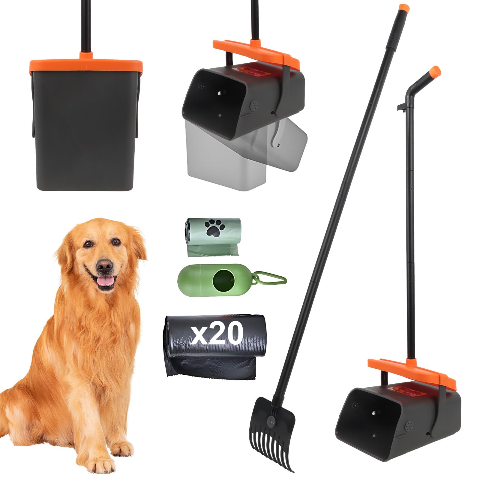 Recoge Cacas de Perros, Mango Largo Recogedor Caca Perros 117cm Recogedor de Cacas de Perros con Bolsas Caca Perro para Recoger Residuo de Animales para Caca de Perro Grande de Mascotas