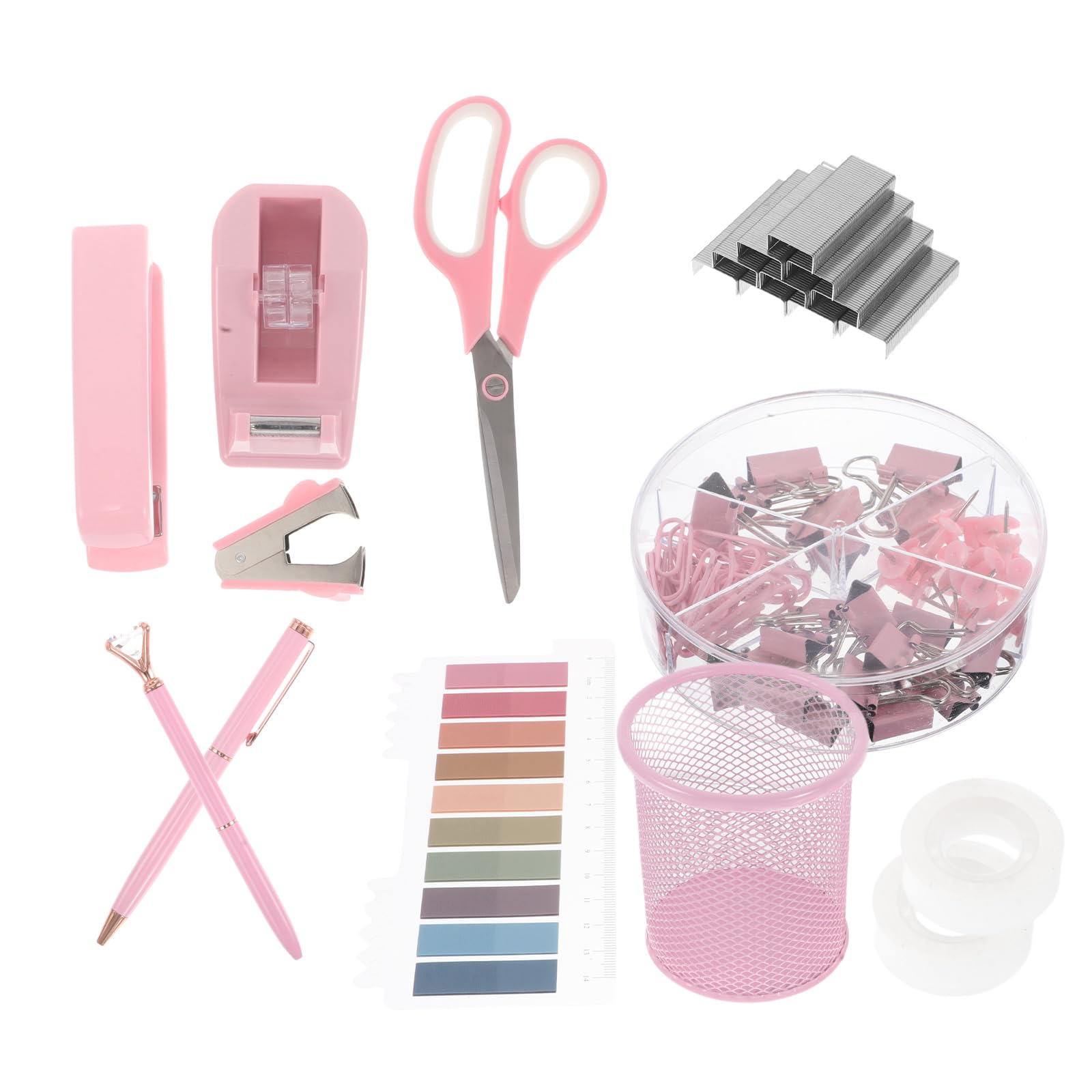 Juego de Grapadora de Escritorio Rosa, 1 Set de Accesorios | Dispensador de Cinta y Quitagrapas Incluidos, Plástico E Hierro, para Escuela y Espacio de Trabajo