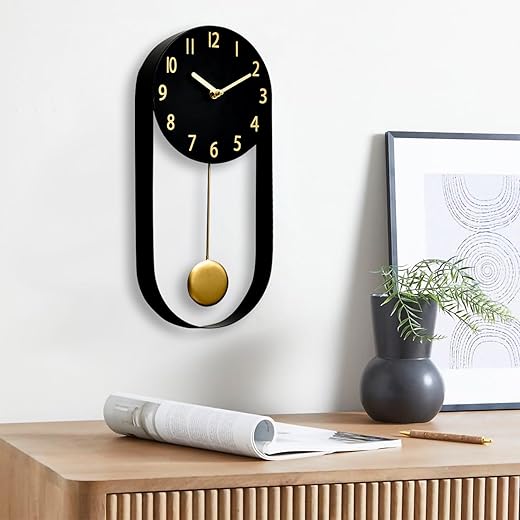 EMAX HOME 8 Inch Black Wall Clock with Gold Pendulum, Silent Modern Metal Wall Clock, Minimalist Decorative Pendulum Timepiece for Living Room, Office, Kitchen