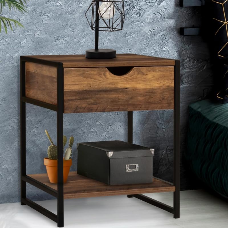 IDMarket – Juego de 2 mesitas de noche Hawkins 1 cajón con estante madera oscura diseño industrial