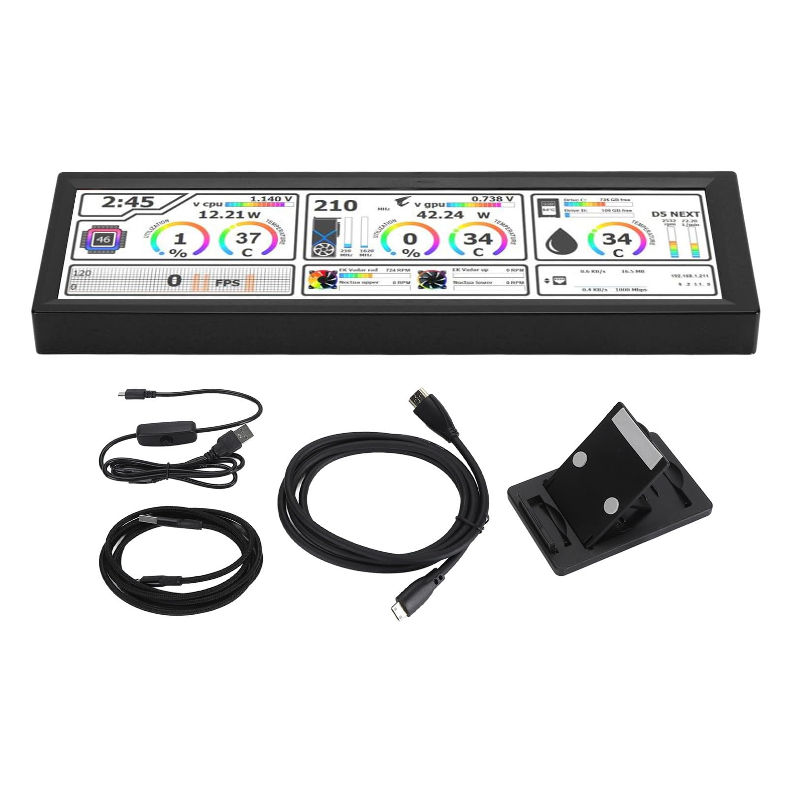 Yunseity Pannello Sensore Visualizzazione Temperatura PC, Display Temperatura PC Touch Screen da 8,8 Pollici Supporto Schermo Secondario Tema Dinamico per Programmatori (BLACK)