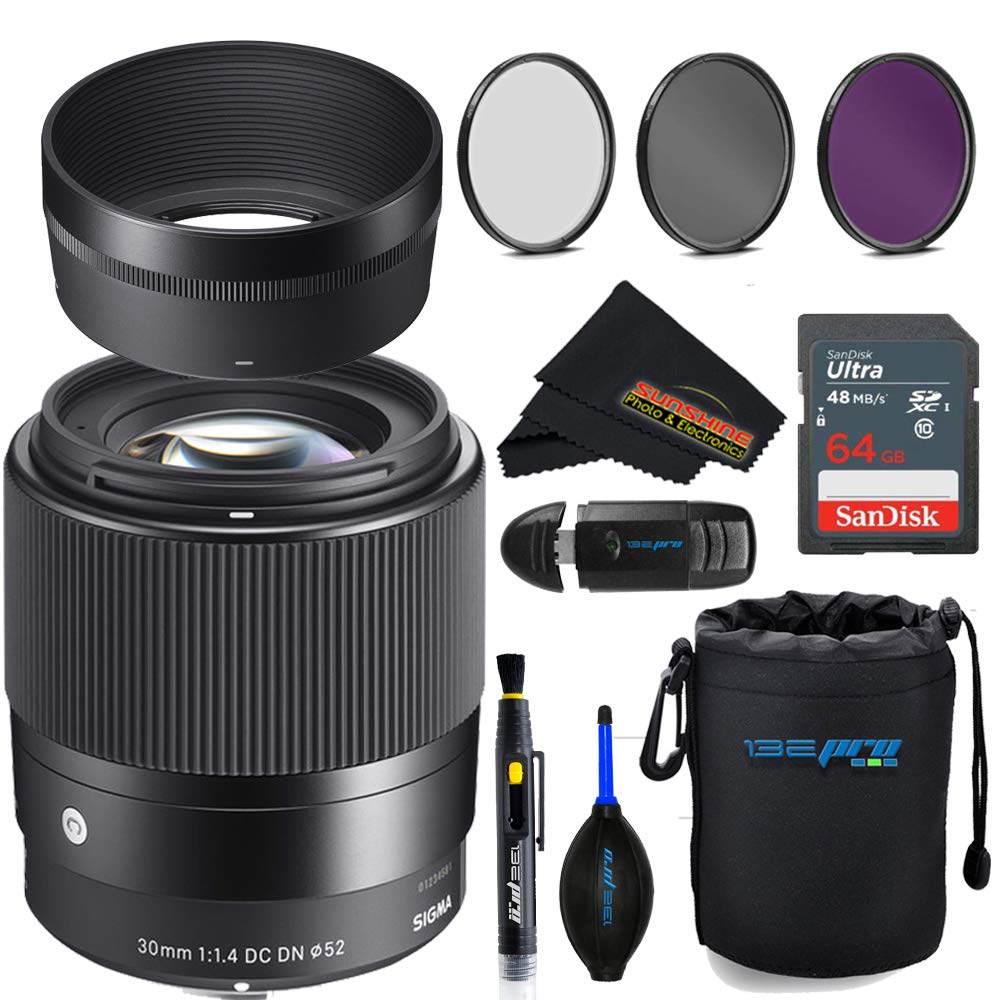Sigma 30mm f1.4 Contemporary DC DN Lens for Sony E with Sunshine Photo Accessories Bundle - 4 Years USA Manufacturer Warranty