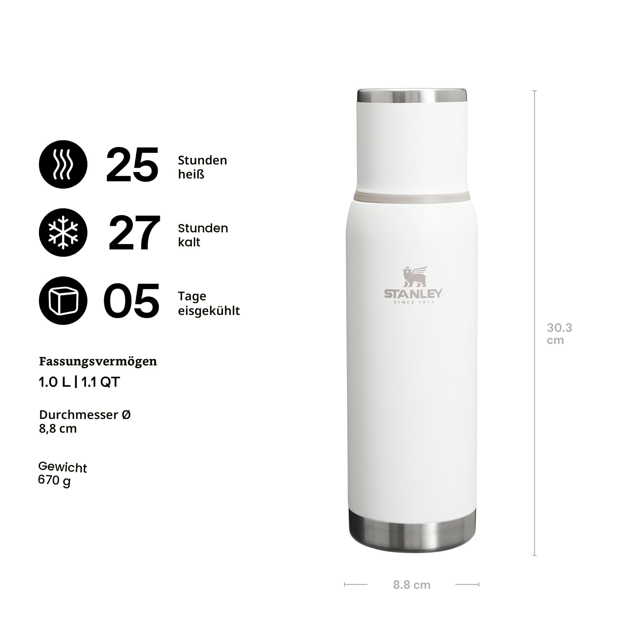 STANLEY 1913 Adventure To-Go Thermosflasche 1L - Frost | Hält 25 Std. heiß - 27 Std. kalt - Auslaufsicher - BPA-frei - Deckel dient als Becher