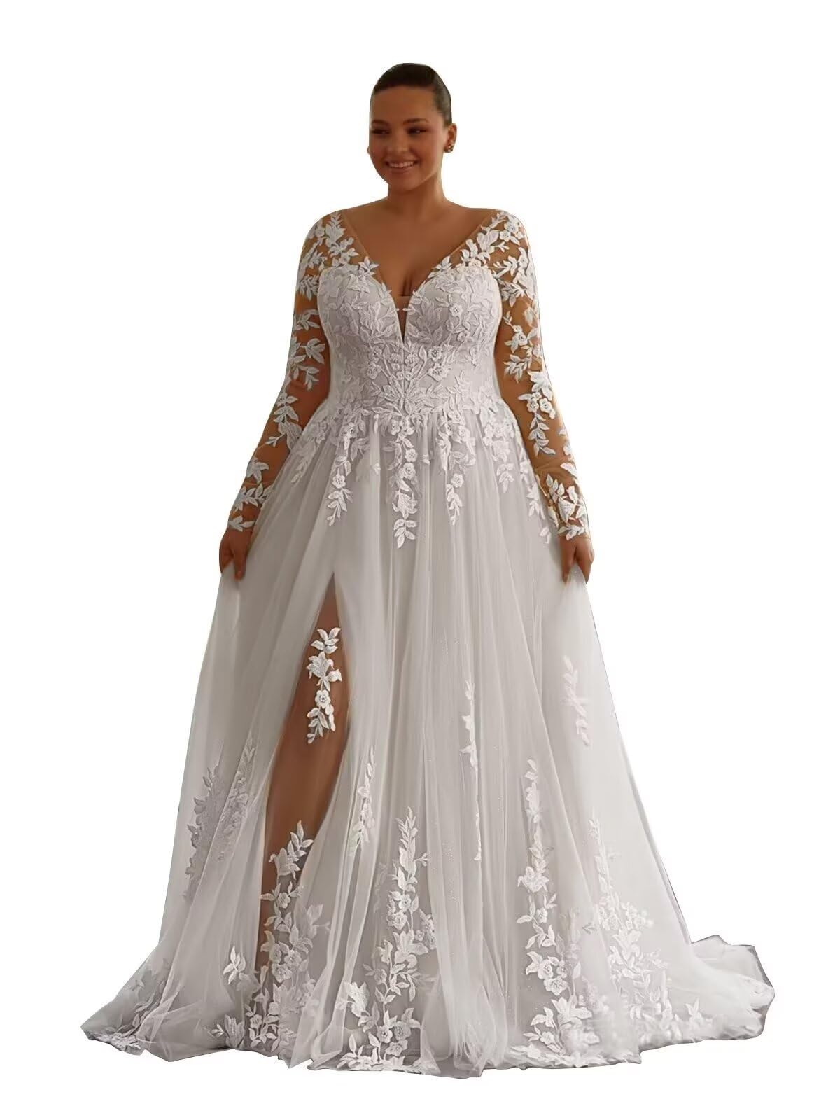 Plus Size Wedding Dresses with Applique V Neck Bridal Dress for Women Long Sleeve A Line Wedding Guest