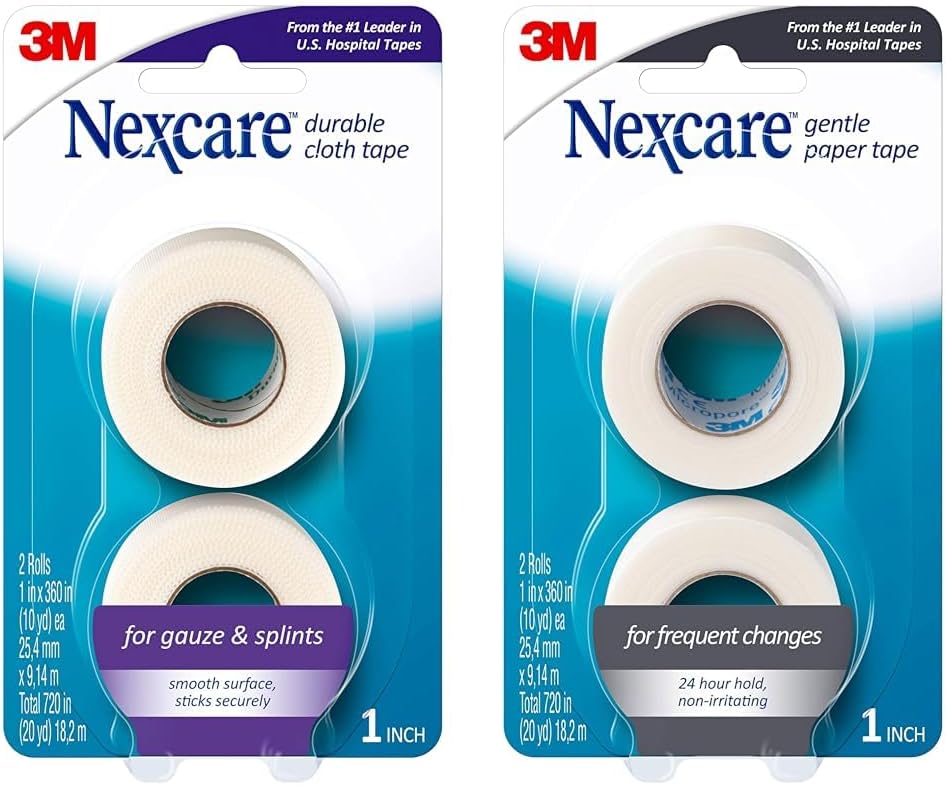 Nexcare Durable Cloth Tape 1 in x 10 Yds 2 Count & Gentle Paper Tape 1 in x 10 Yds 2 Rolls Wound Dressing Medical Tape Bundle
