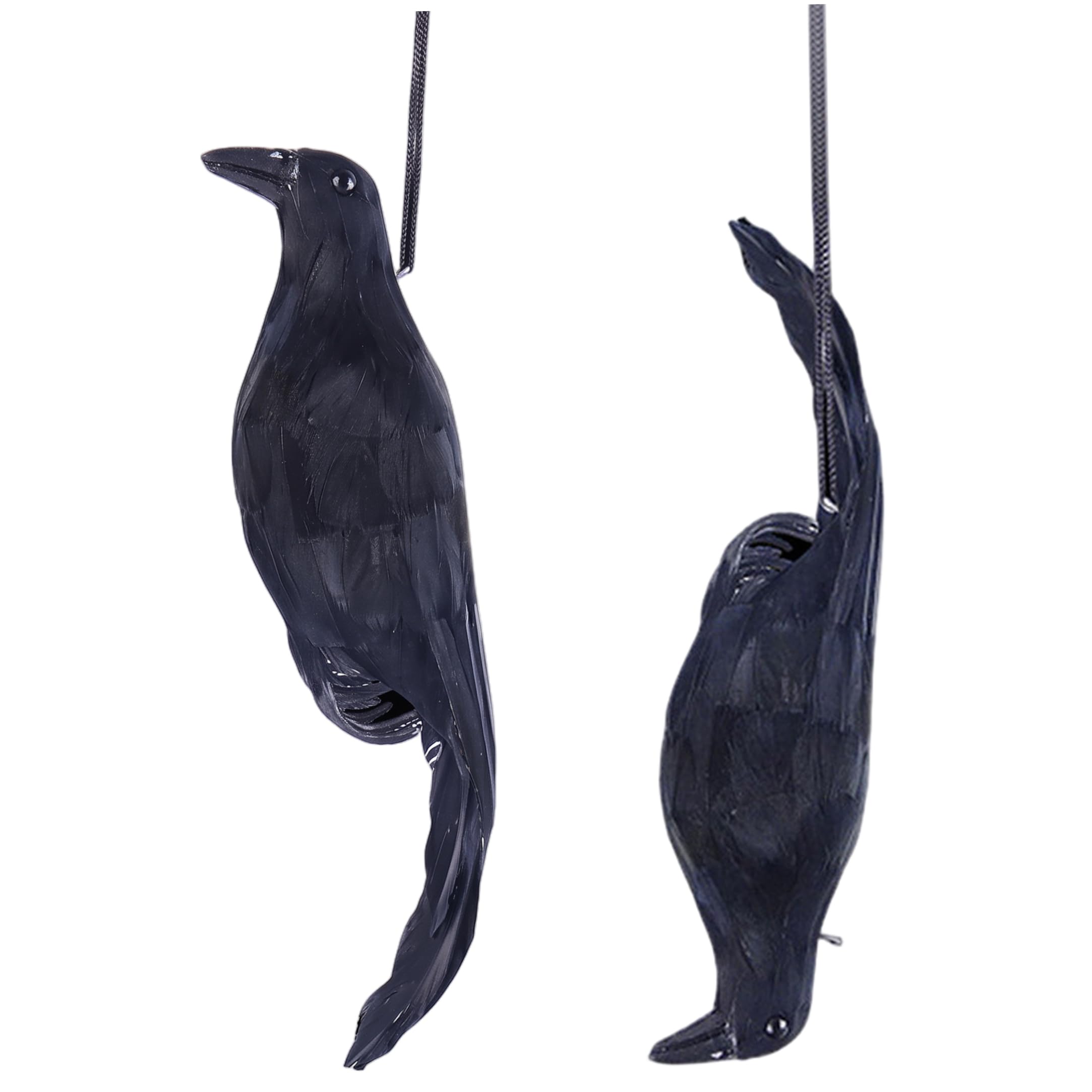 NASSMOSSE 2 Pack Raven Decor With Real Feathers - Crow Deterrents For Outside, Halloween Decorations & Black Crow Decoy - Black