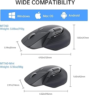 RAPOO MT760 Mini Wireless Bluetooth Mouse, 5.0/2.4 GHz, Rechargeable, Horizontal Scroll, 11 Program Buttons, Connect to 5 Devices Simultaneously, 6 Keys + 2 Rollers Specifications, Ergonomics, 4