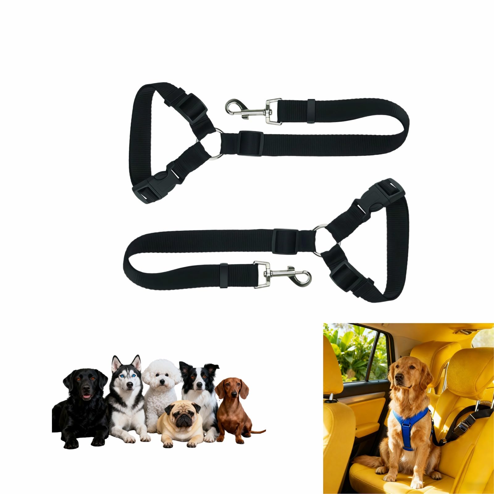 2-in-1 Car Seat Belt for Dogs, Headrest Dog Safety Harness & Leash - Adjustable Nylon Vehicle Pet Restraint, Tangle-Free Travel Solution for Small to Medium Dogs, 2-Pack