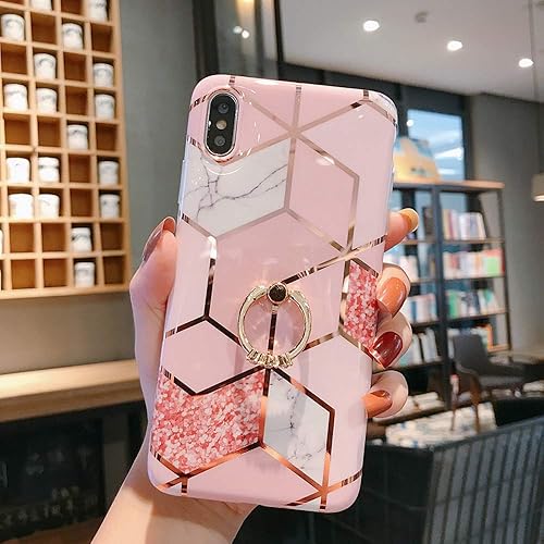 Miniatura 6 de Qokey Funda para iPhone Xs, iPhone X, diseño de mármol, linda moda para mujeres, niñas y hombres con anillo giratorio de 360 grados, soporte de TPU