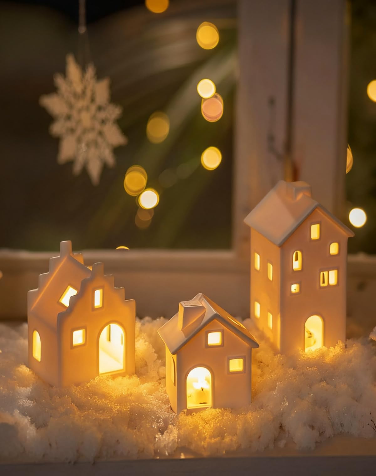 Romadedi Casas blancas de pueblo de Navidad: casa de cerámica, decoración de Navidad, mini juego de pueblo de porcelana con luces LED para mesa, mantel, estante, Navidad, invierno, vacaciones, hogar