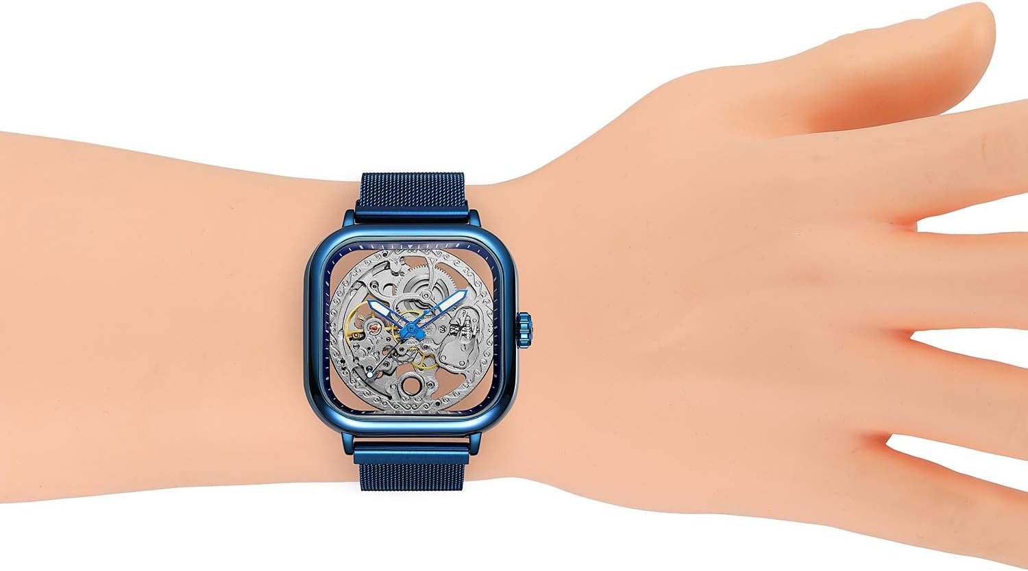 Men's Automatic Self Winding Watch Luxury Superb Skeleton Technology Unique Style Square Wrist Watch with Stainless Steel Bracelet - Image 4