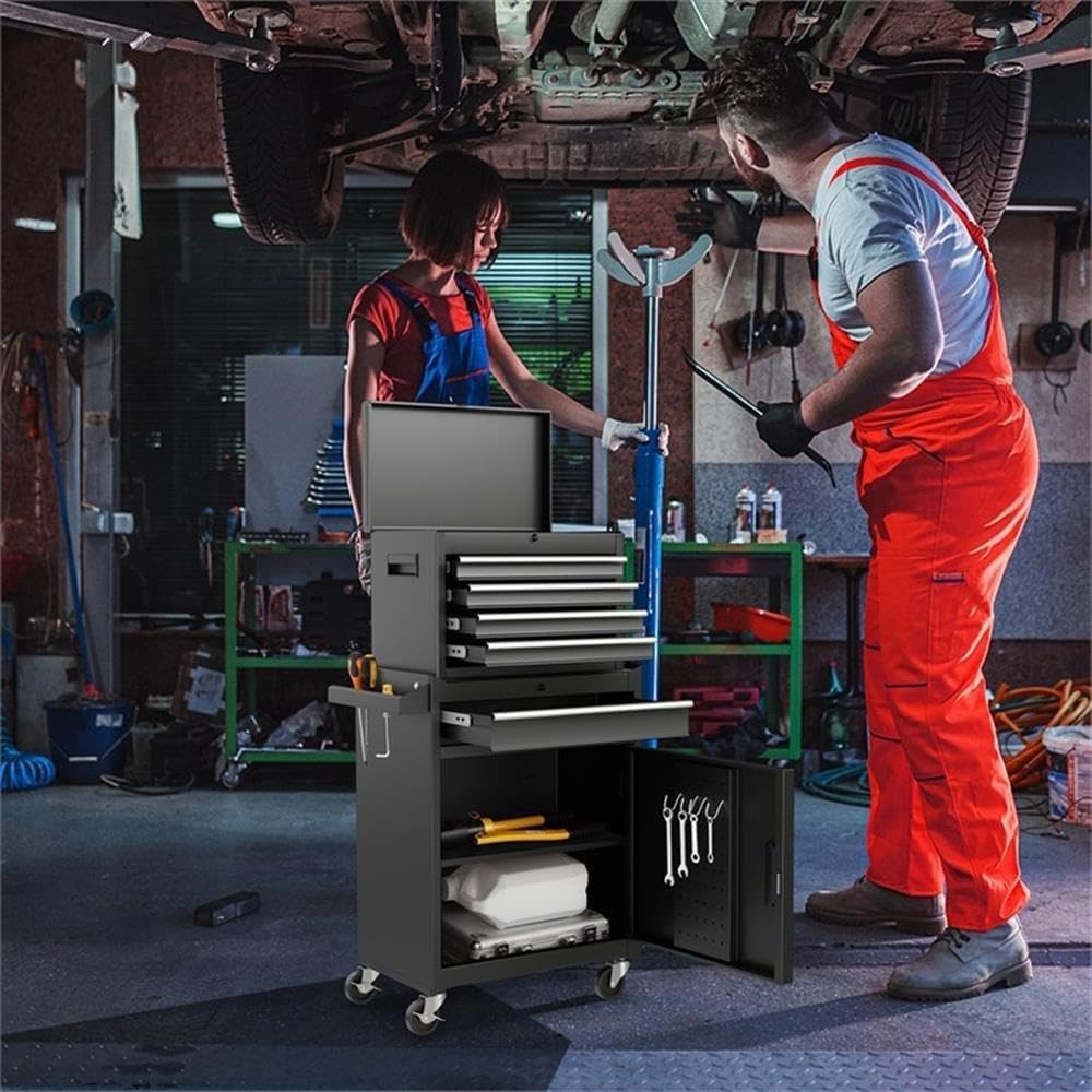 Pemberly Row 5-Drawer Rolling Tool Chest Cabinet, Metal Construction, Black Finish, Detachable Upper Chest and Bottom Cabinet, Anti-Slip Liners, Lockable Swivel Wheels, Compact Utility Storage for
