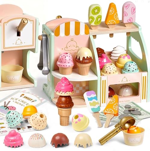 Giant bean Wooden Ice Cream Play Set, with Drop-Down Dispenser, Play Kitchen Accessories with Cones, Popsicles, Scoops, Play Money & Menu, Ice Cream Toy for Kids Ages 3+, Birthday