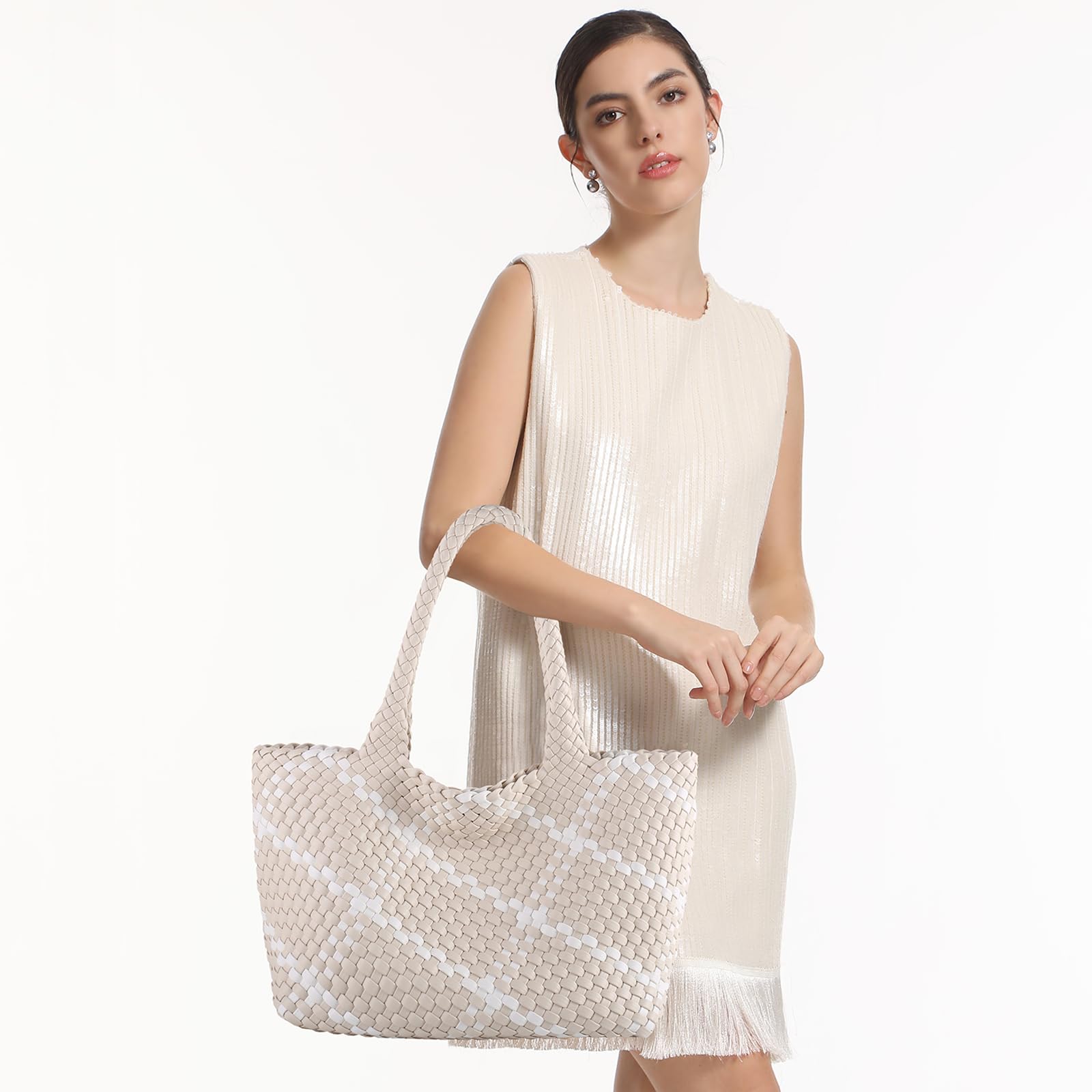 LIKEBAG Woven Tote Bag Womens Purse Vegan Leather Shoulder Handbags Fashion Summer Beach Tote Bags Large Travel Totes (Beige-W)