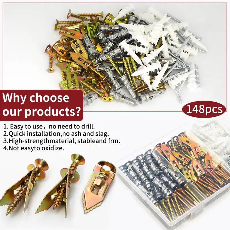 148pcs Spiral Expansion Screw Set Drywall Screws Zinc Alloy Self-Drilling Drywall Anchors Kit with Box (148pcs)