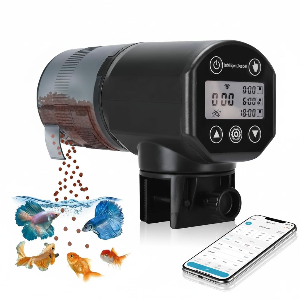 Podazz Automatic Fish Feeder, 2.4G WiFi Fish Feeder Moisture-Proof Auto Food Dispenser with Timer & Digital Display, 200ML Large Capacity for Vacation Weekend Holiday, App Setting, Black
