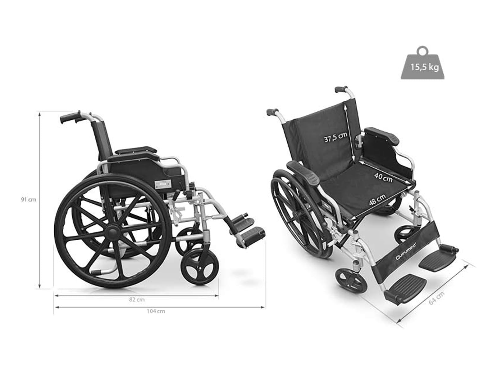 QUIRUMED Silla de ruedas de aluminio, Plegable, Asiento 48 cm, Reposabrazos abatibles y desmontables, Reposapiés abatibles, Frenos de mano, Para mayores, Para minusválidos