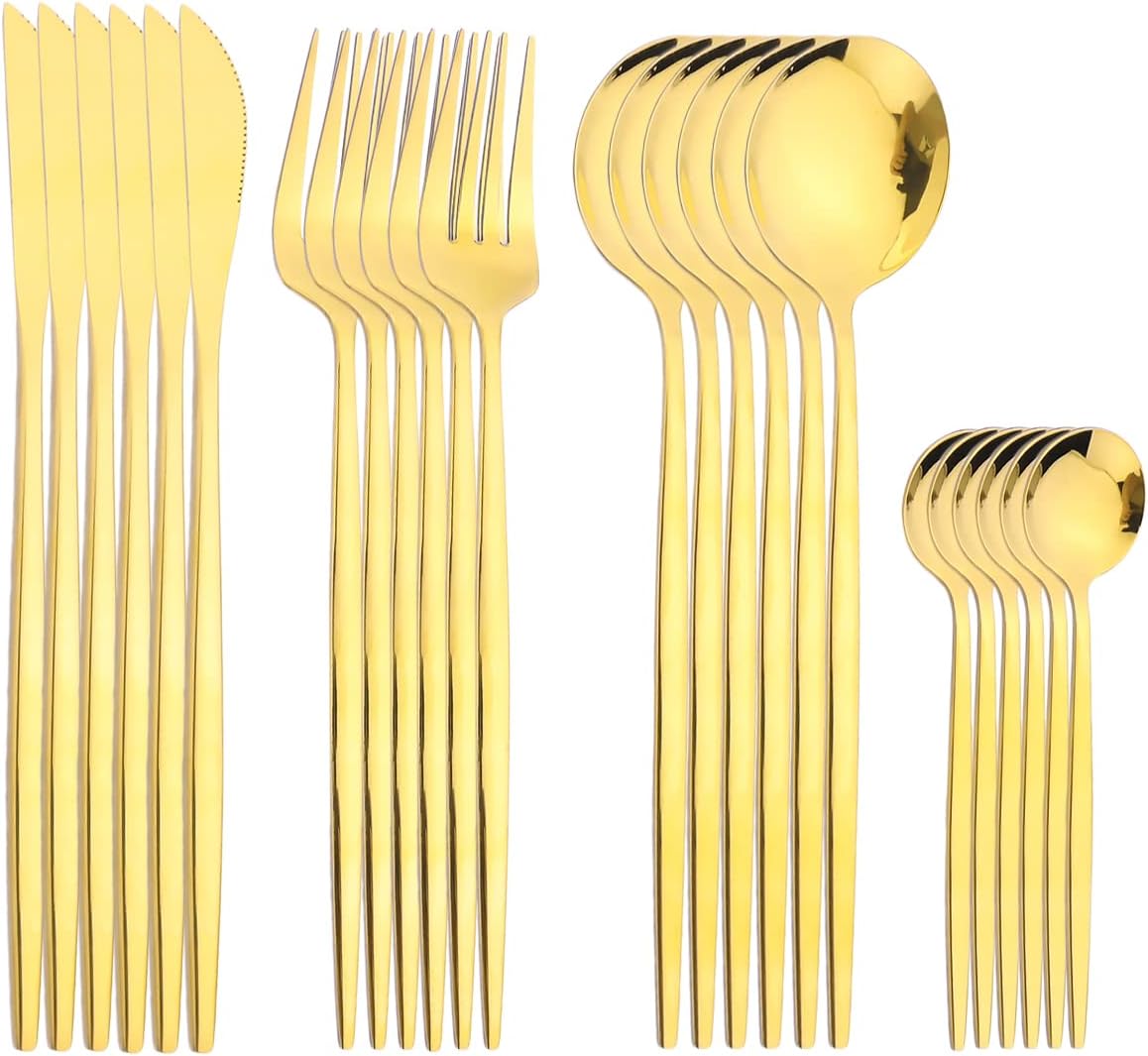 Gugrida 24pcs Dinnerware Set Stainless Steel Tableware Set Knife Fork Spoon Flatware Set Dishwasher Safe Silverware Cutlery Set Kitchen Accessorie Mirror Polish Champagne Gold-A