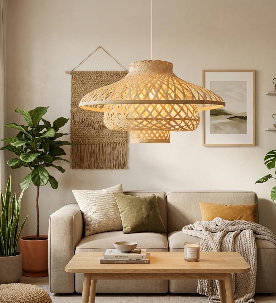 Handwoven Bamboo Pendant Light with E27 Holder | Soft Diffused Light for Cozy Interiors-image-13