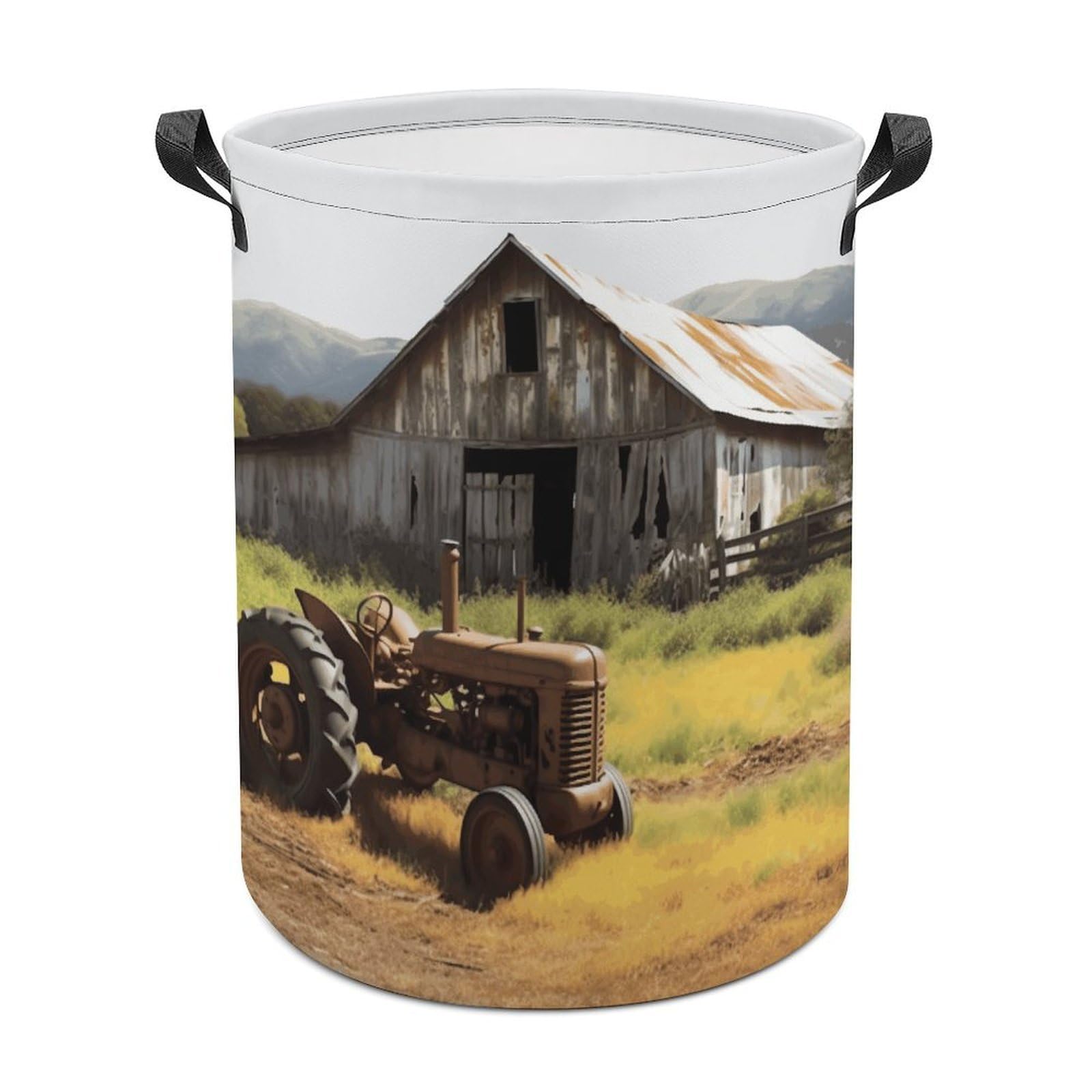 Old Wooden Barn with Rusted Tractor Laundry Basket Freestanding Waterproof Laundry Hamper Collapsible Tall Clothes Hamper with Reinforced Handles Waterproof Laundry Bag for Dorm Bathroom Home 44x44cm