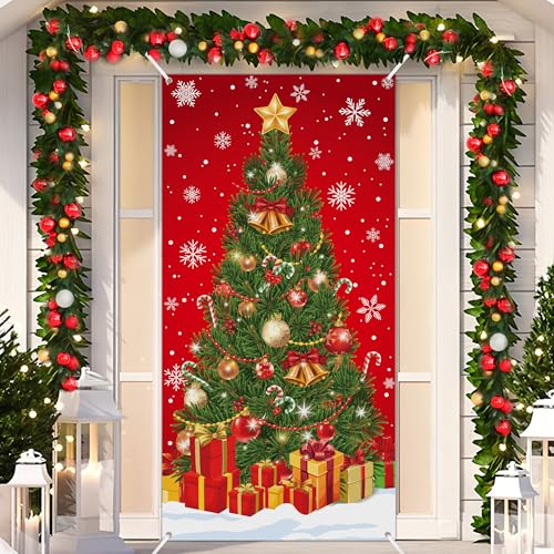 Christmas Door Cover 35.4 x 70.9 Inch Xmas Tree Door Cover Banner Snowflake Doors Hanging Backdrop Photography Background for Xmas Winter Holiday Home Front Porch Indoor Outdoor Party Decorations