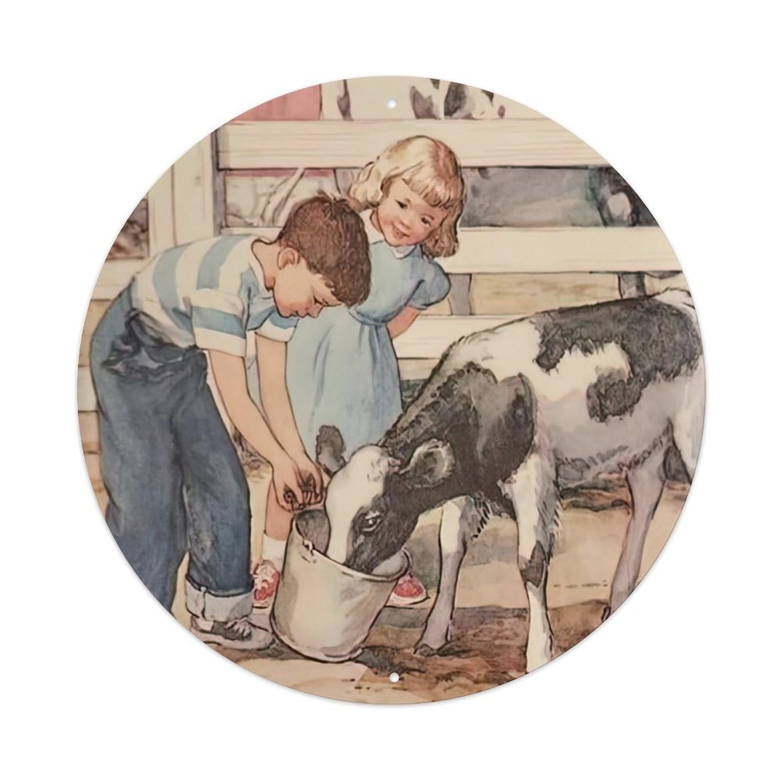 Vintage Boy Feeding Cows on The Farm Vintage Metal Tin Sign Plaque Wall Decor for Cafe, Club Bar, Office, Garden Metal Poster 8x8Inch