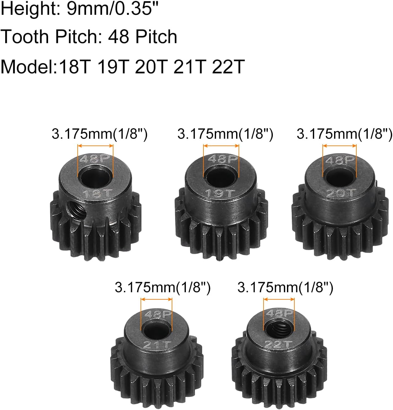 48 P Steel Pinion Gear Set 18T 19T 20T 21T 22T for 3.175 mm Shaft Hardened Steel Pinion Gear with Screws and Hexagonal Wrench for RC Car Motor