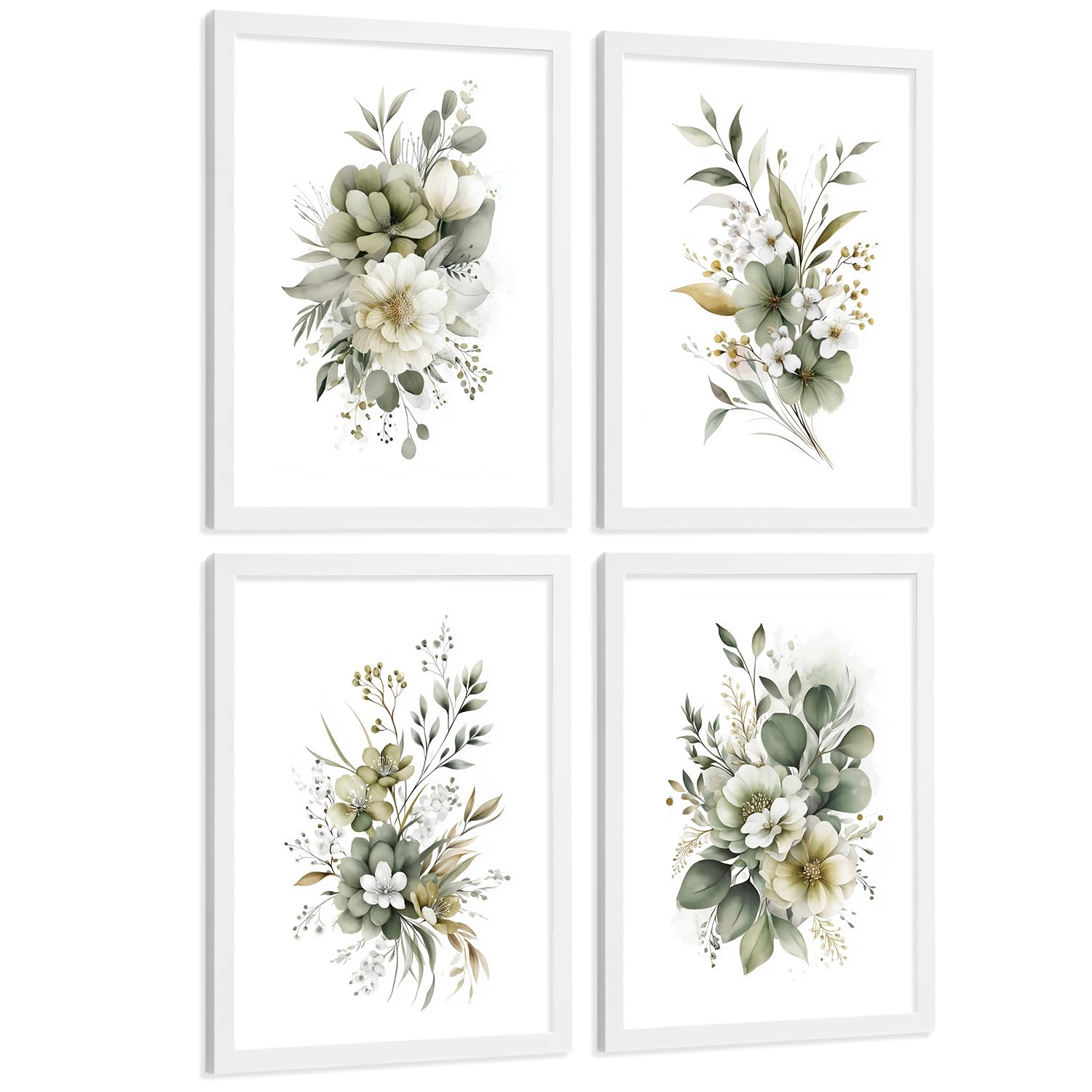 Nacnic Set De 4 Cuadros De Arte Botanico. Laminas Decorativas Pared Floral Acuarela De Flores Verdes Minimalistas. Laminas Decorativas Pared Para Salón Y Dormitorio. Tamaño A3 Marco Blanco