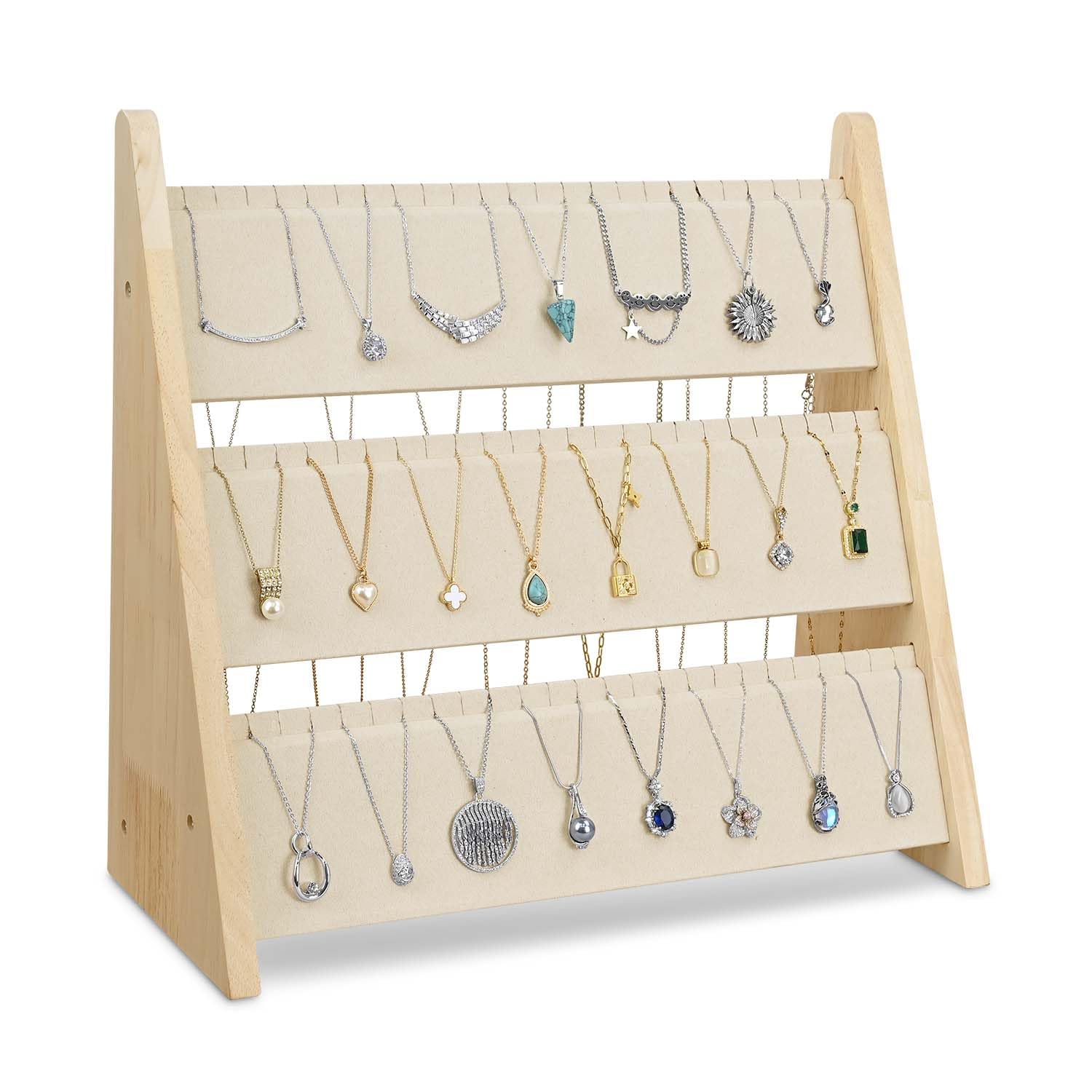 MOOCA Wooden 3-Tier Necklace Holder Stand with Beige Suede – Adjustable Jewelry Organizer for 32 to 69 Necklaces, Earring Display, Perfect for Display & Vendors, Beige, 15.7”W x 6.4”D x 14.3”H