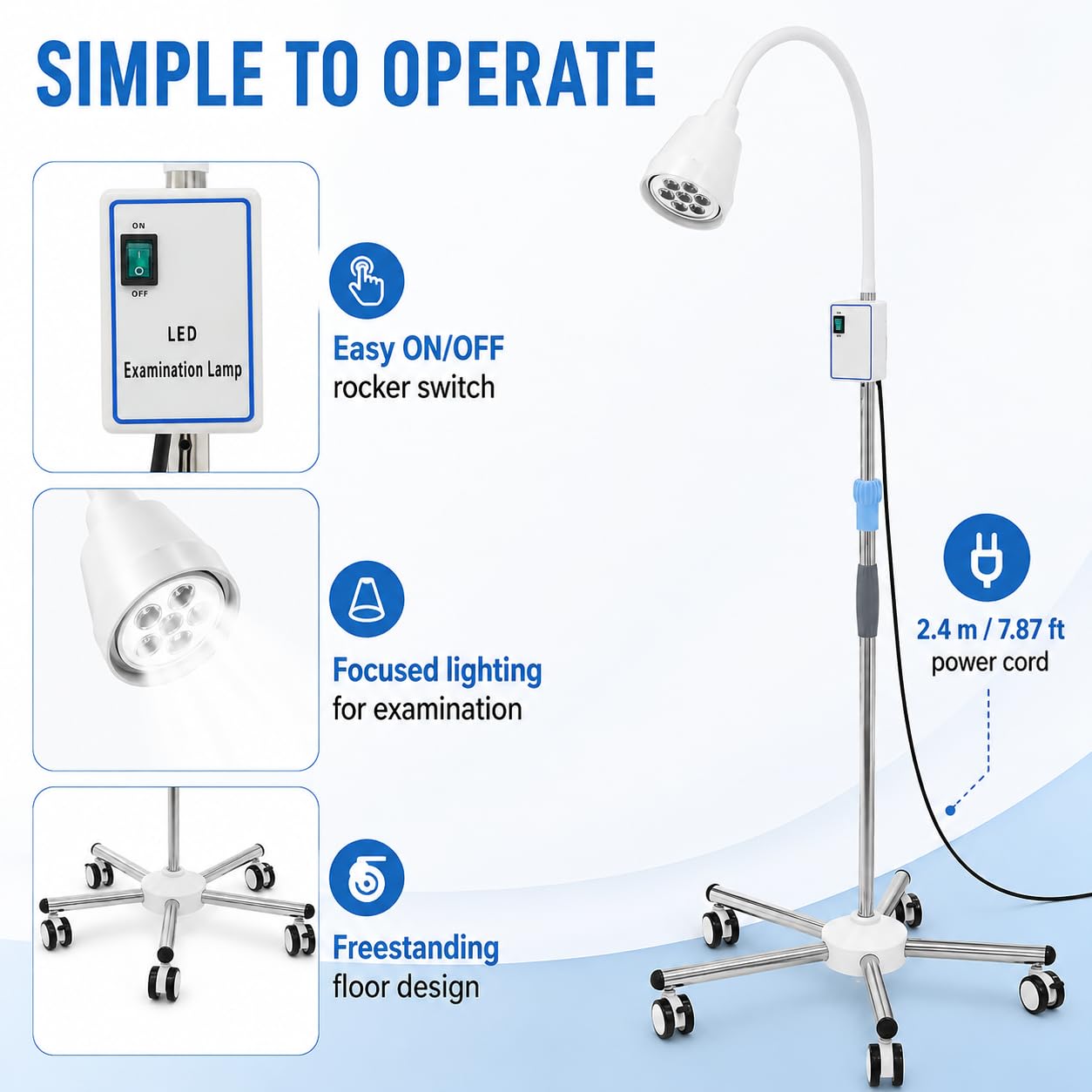Lampe Chirurgicale Médicale Dentaire Rotation à 360° LED Lampe D'examen Chirurgical Type Support De Sol Avec Roues,Pour Usage Ambulatoire, Dentaire, Familial (Avec 5 roulettes)