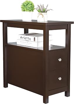 Narrow End Table with 2 Drawers Sofa Side Table & Open Storage Shelf for Office Living Room Bedroom Bedside, Espresso