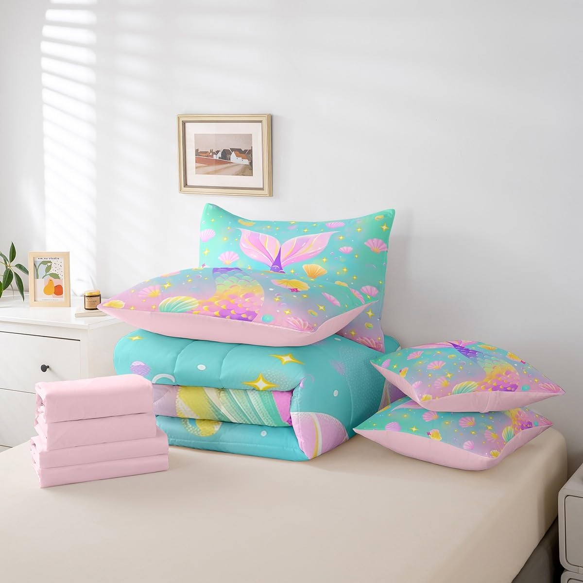 Mermaid Comforter Set 7 PCS,Girls and Women Bed Set for Boys Girls Kids,Pink Purple Tail Scale Bed in a Bag Bedding Set with Comforter,Sheet Set,Pillowcases,Pillow Covers,Twin
